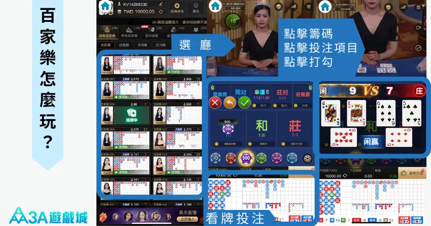 百家樂怎麼玩？真人百家樂投注流程，展示選廳、下注籌碼、查看牌路與最終開勝的畫面。